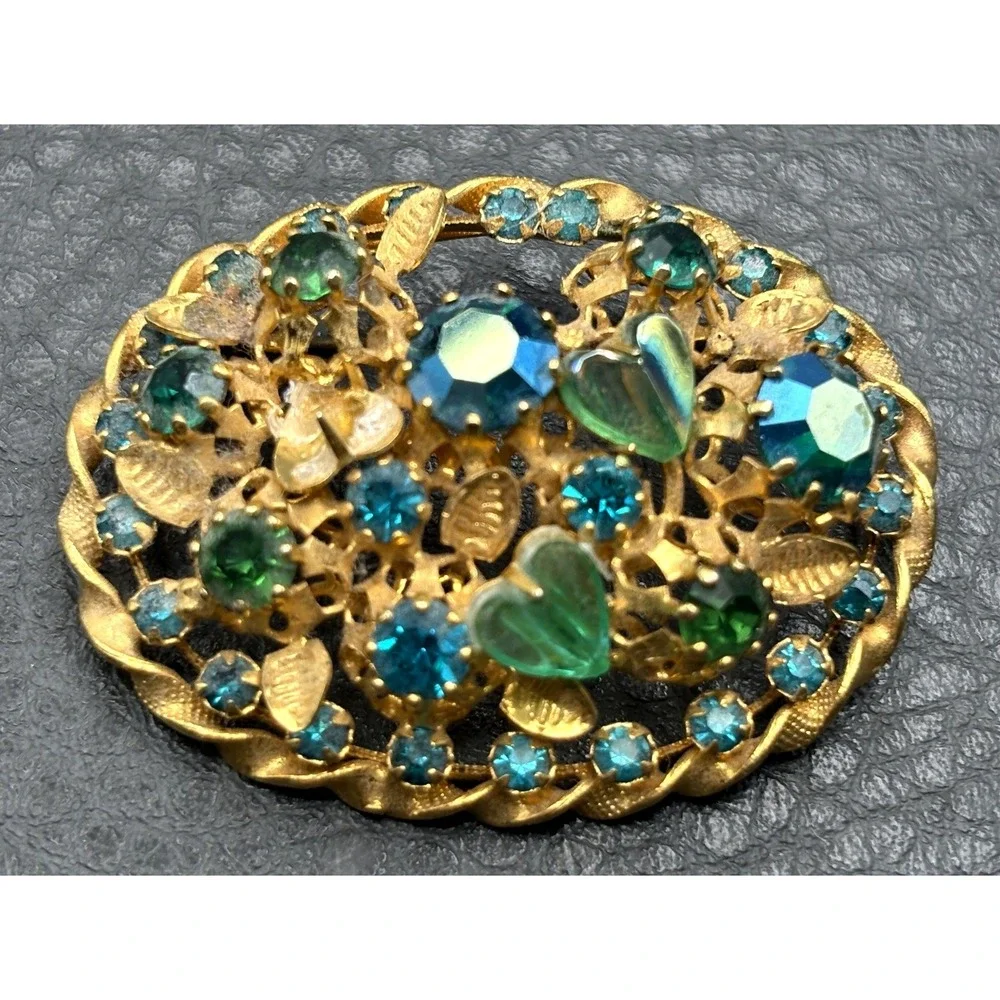 VTG Austria Gold Tone Filigree Brooch Blue Green Heart Rhinestone Pin READ